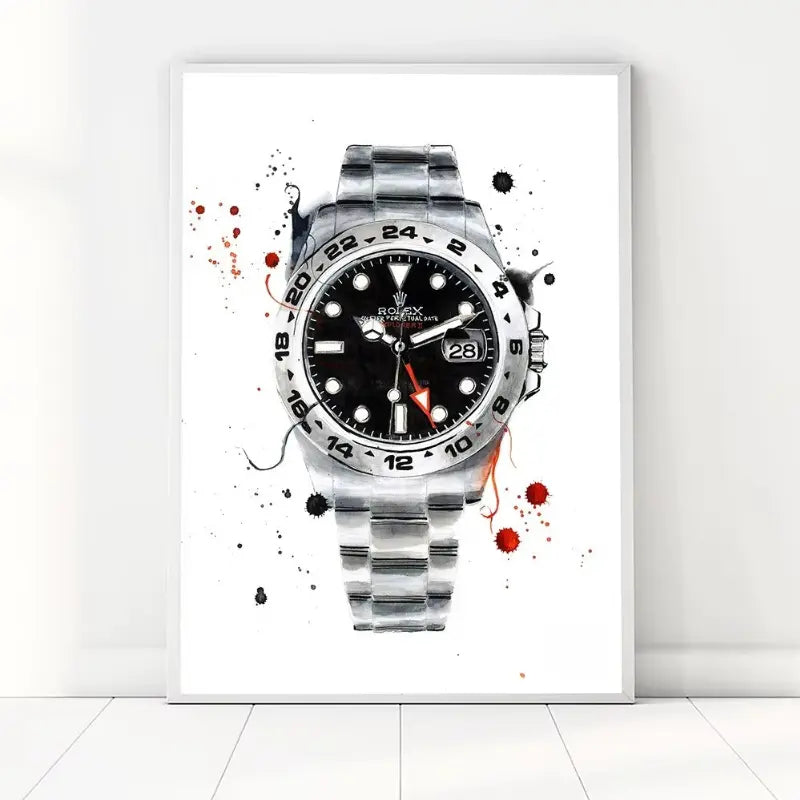 Artistic depiction of a silver watch with black face on a white background