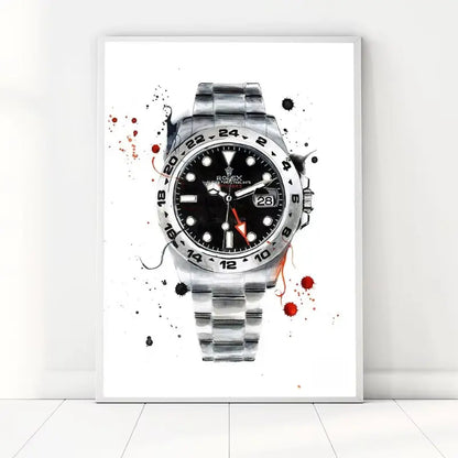 Artistic depiction of a silver watch with black face on a white background