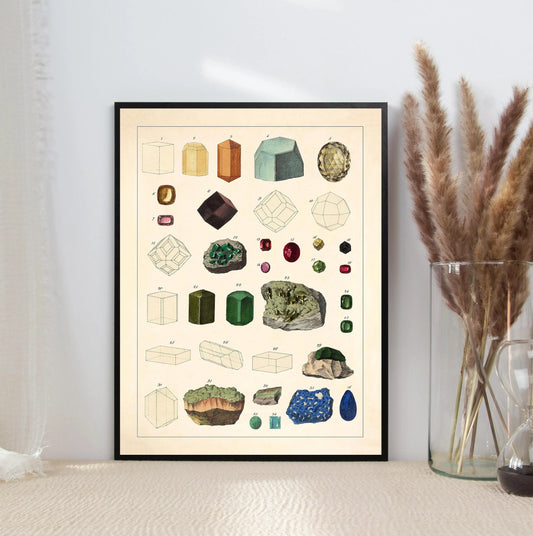 Framed mineralogy chart on a wall with decorative elements. Canvas & Curio