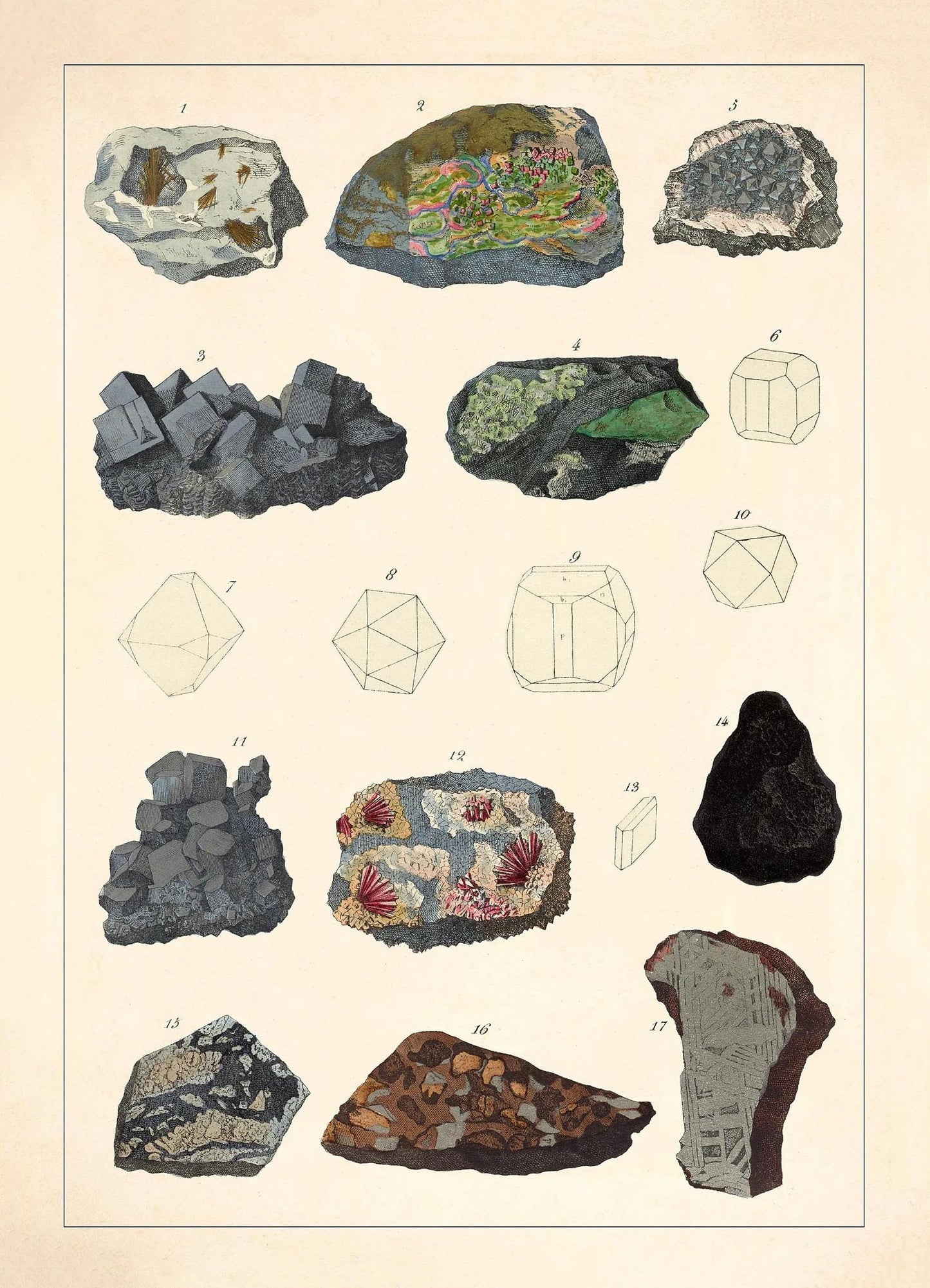 Illustration of various rocks and minerals on a beige background