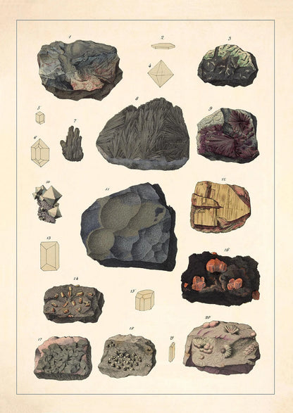 Illustration of various rocks and minerals on a beige background