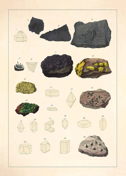 Illustration of various rocks and minerals on a beige background