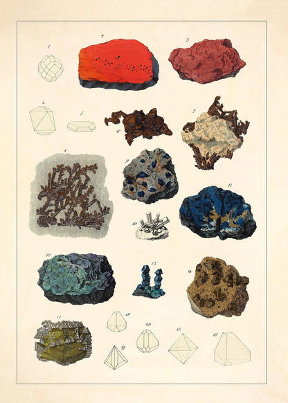 Illustration of various minerals and crystal shapes on a beige background