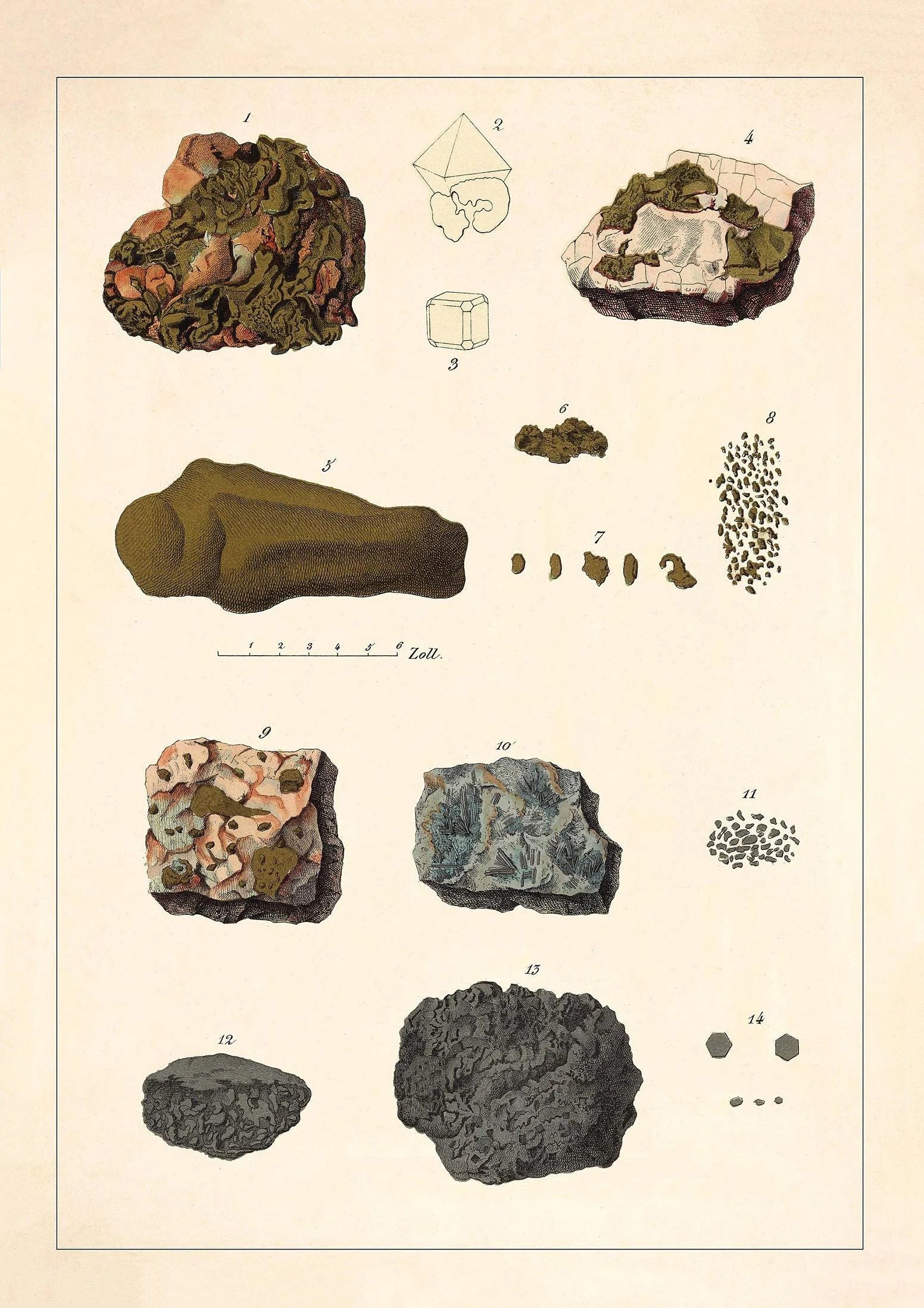 Illustration of various rocks and minerals on a beige background