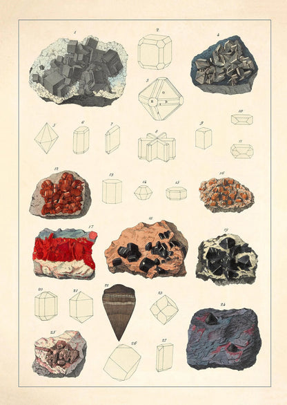 Illustration of various minerals and their crystal structures on a beige background