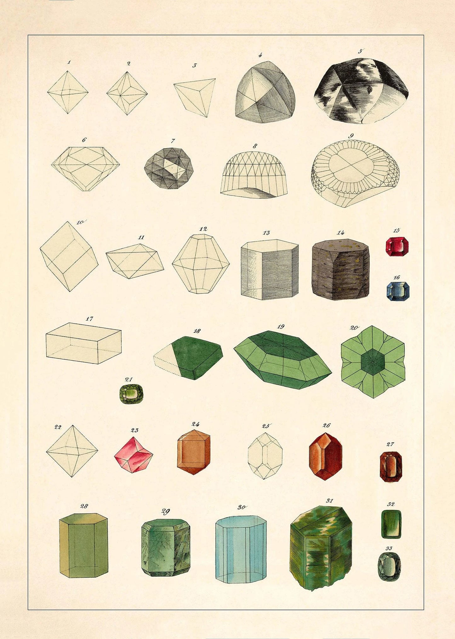 Illustration of various crystal shapes and colors on a beige background