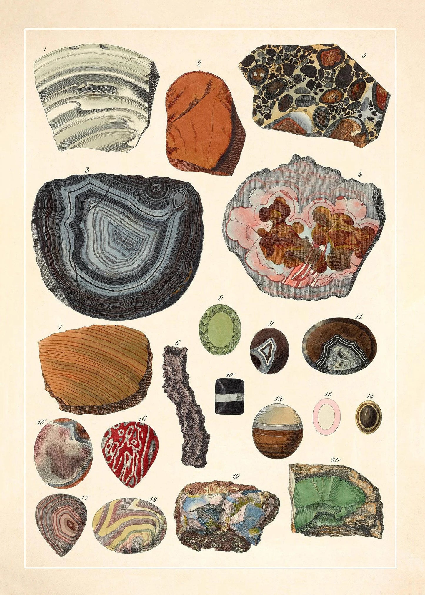 Collection of various polished stones and minerals on a beige background