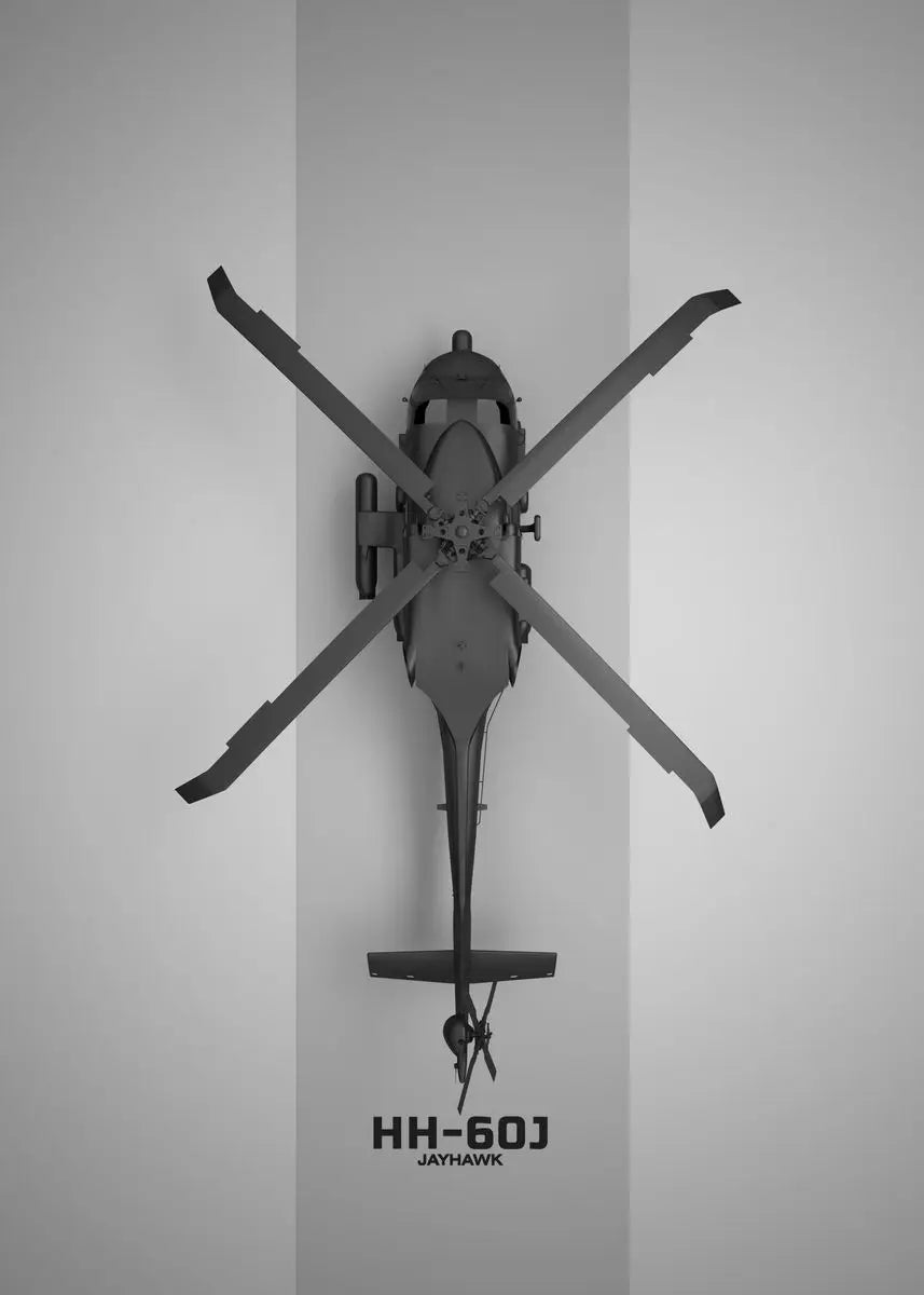 Model of a helicopter with 'HH-60J Jayhawk' text on a gray background