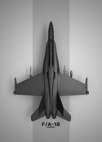 Model of an F/A-18 Hornet jet on a gray background
