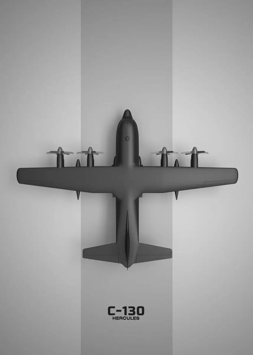 Model of a C-130 Hercules aircraft jet mounted on a gray wall.