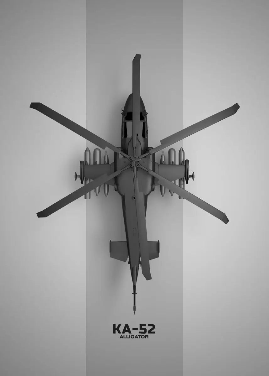 Model of a military helicopter with 'KA-52 Alligator' text on a gray background