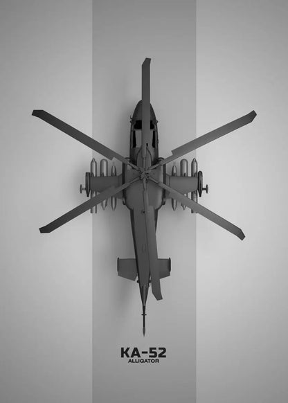 Model of a military helicopter with 'KA-52 Alligator' text on a gray background