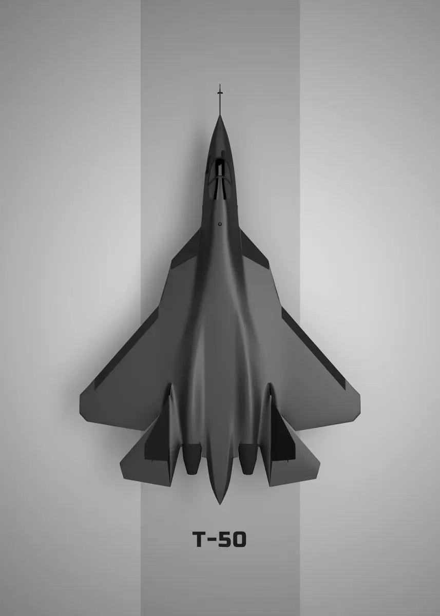 Model of a fighter jet with 'T-50' branding on a gray background