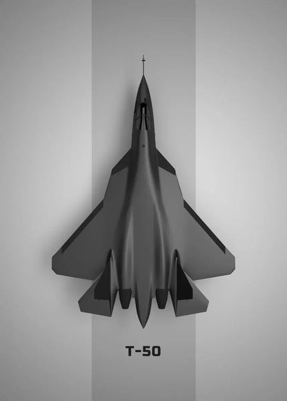 Model of a fighter jet with 'T-50' branding on a gray background