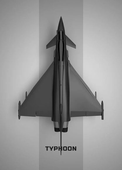 Model of a fighter jet with 'Typhoon' branding on a gray background