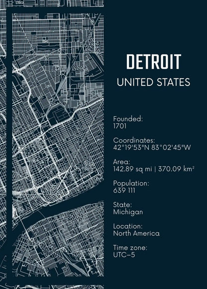 Map of Detroit, United States with text details on a dark blue background