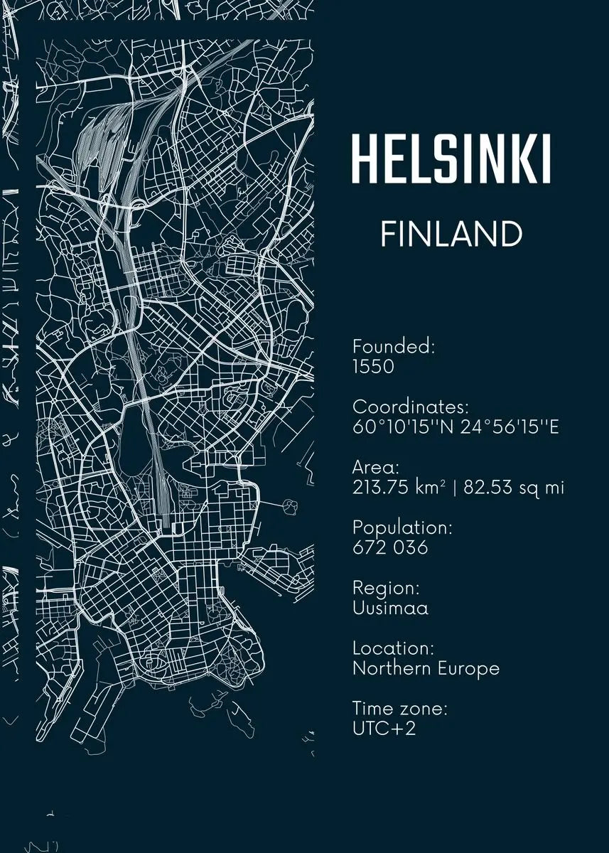 Map of Helsinki, Finland with text details on a dark blue background