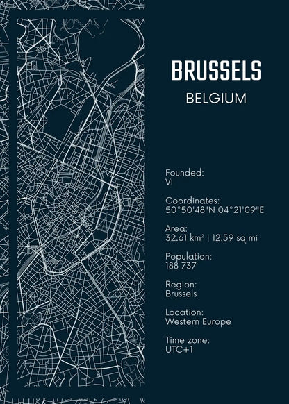Map of Brussels, Belgium with text details on a dark blue background