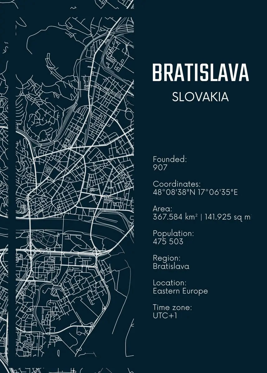 Map of Bratislava, Slovakia with basic information on a dark blue background