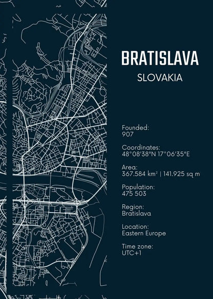 Map of Bratislava, Slovakia with basic information on a dark blue background