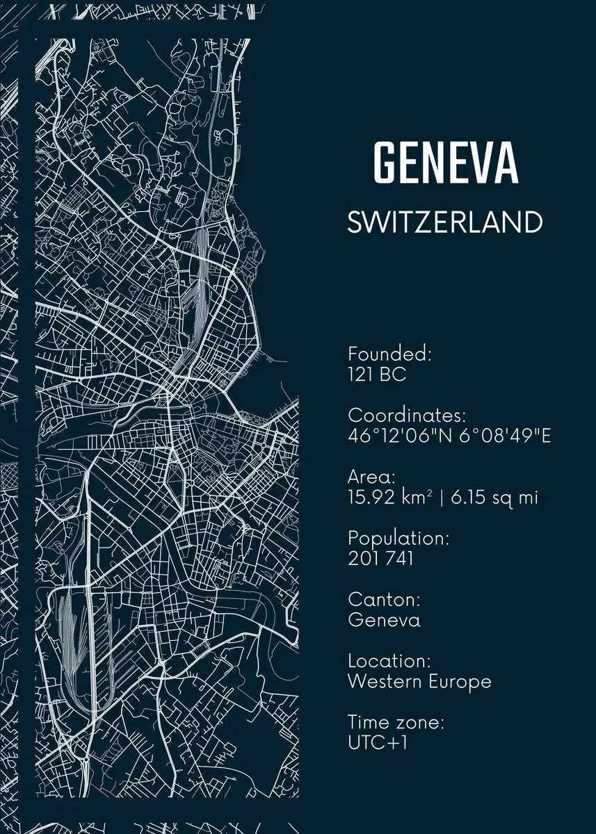 Map of Geneva, Switzerland with text details on a dark blue background
