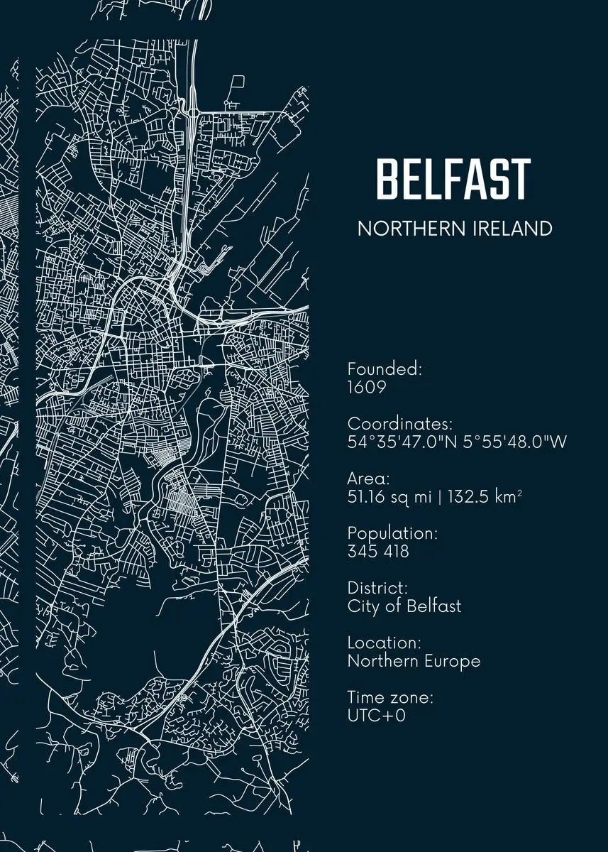 Map of Belfast, Northern Ireland with text details on a dark blue background