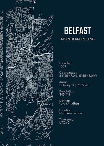 Map of Belfast, Northern Ireland with text details on a dark blue background