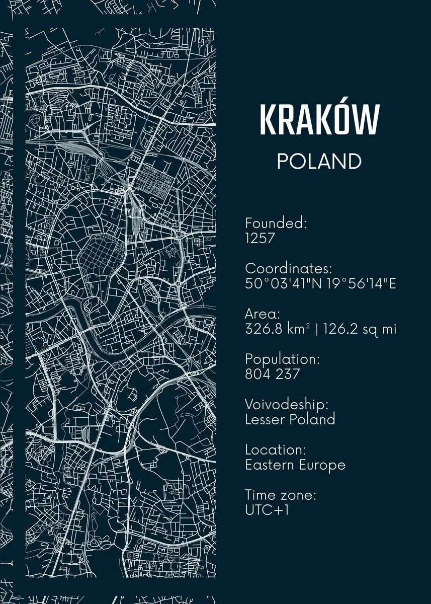 Map of Kraków, Poland with text details on a dark blue background