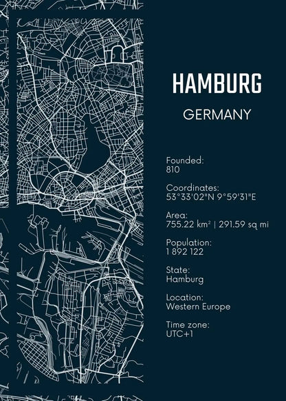Map of Hamburg, Germany with text details on a dark blue background