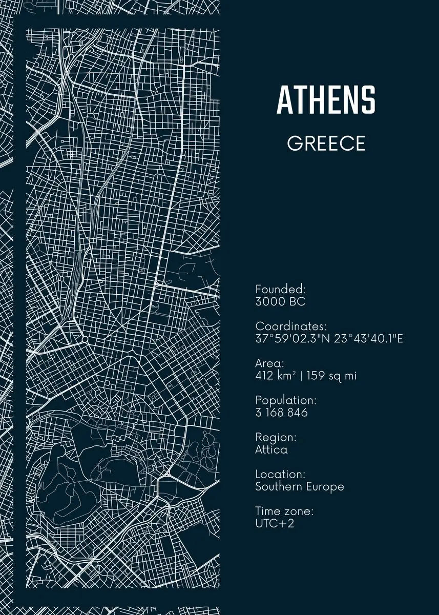 Map of Athens, Greece with text details on a dark blue background