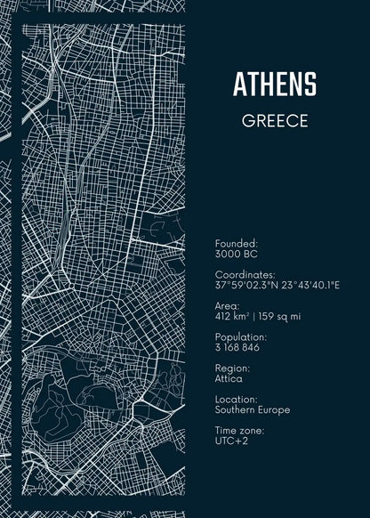 Map of Athens, Greece with text details on a dark blue background