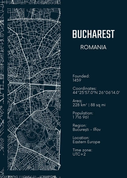 Map of Bucharest, Romania with text details on a dark blue background