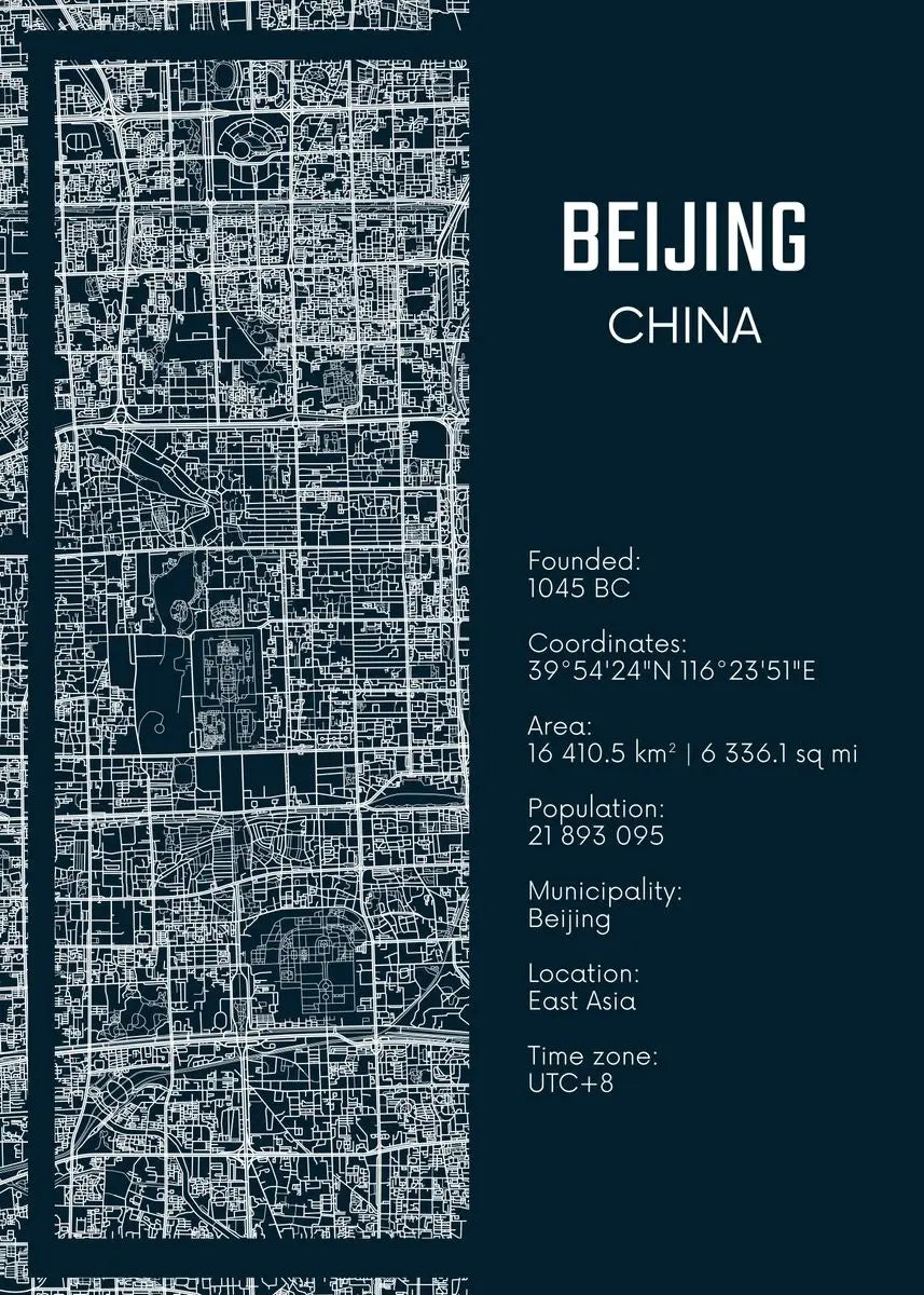 Map of Beijing, China with text details on a dark blue background