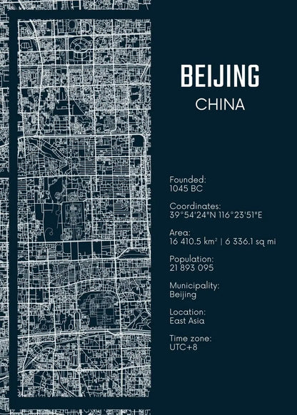 Map of Beijing, China with text details on a dark blue background