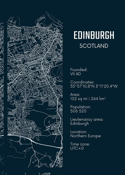 Map of Edinburgh, Scotland with text details on a dark blue background