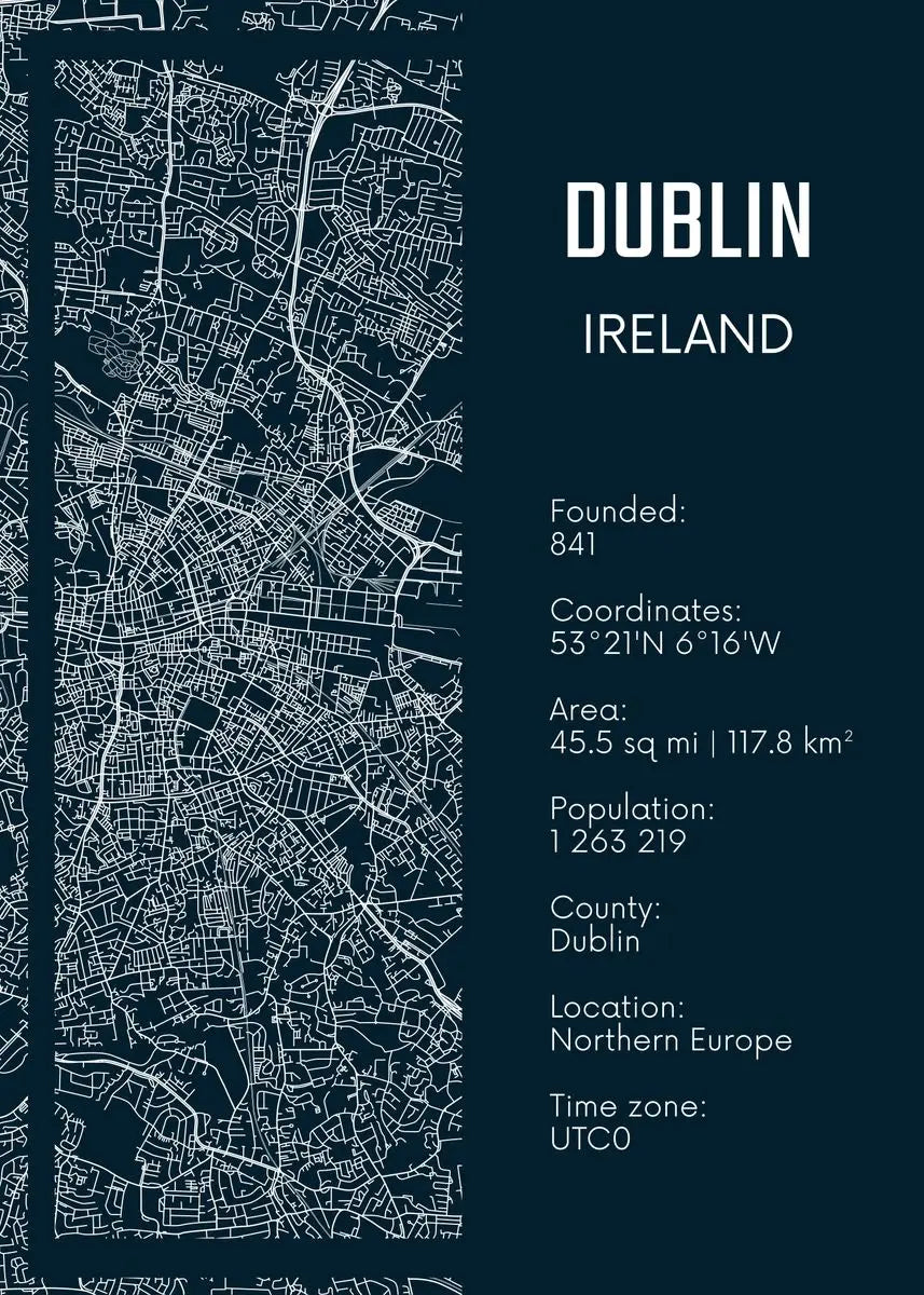 Map of Dublin, Ireland with text details on a dark blue background