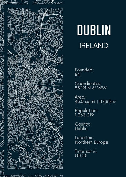 Map of Dublin, Ireland with text details on a dark blue background