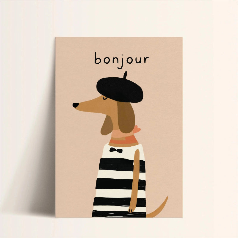 Illustration of a dog wearing a beret and striped shirt with 'bonjour' text on a beige background