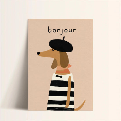 Illustration of a dog wearing a beret and striped shirt with 'bonjour' text on a beige background