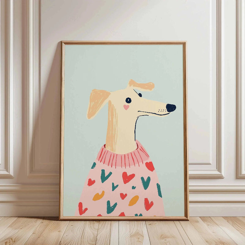 Framed artwork of a dog in a pink dress with heart patterns on a light green background.