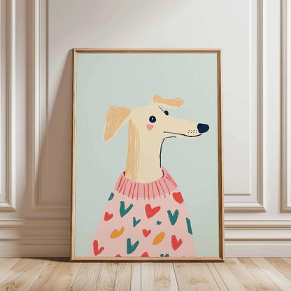 Framed artwork of a dog in a pink dress with heart patterns on a light green background.