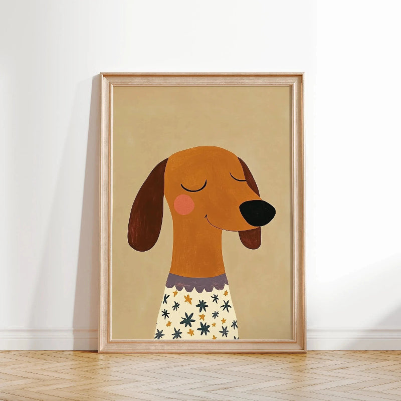 Framed illustration of a dog with a floral collar on a beige background