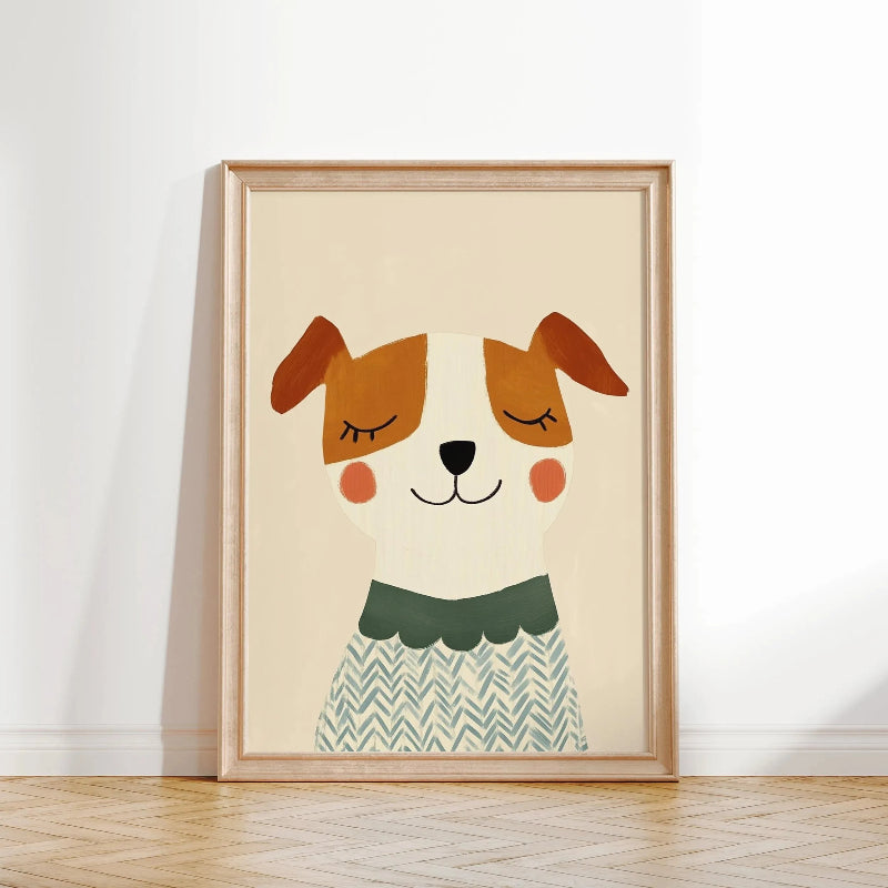 Framed illustration of a dog with a green collar on a beige background
