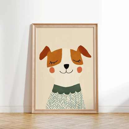 Framed illustration of a dog with a green collar on a beige background