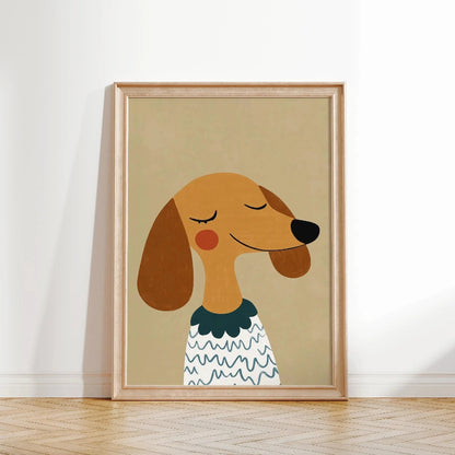 Framed illustration of a dog with a green collar on a beige background