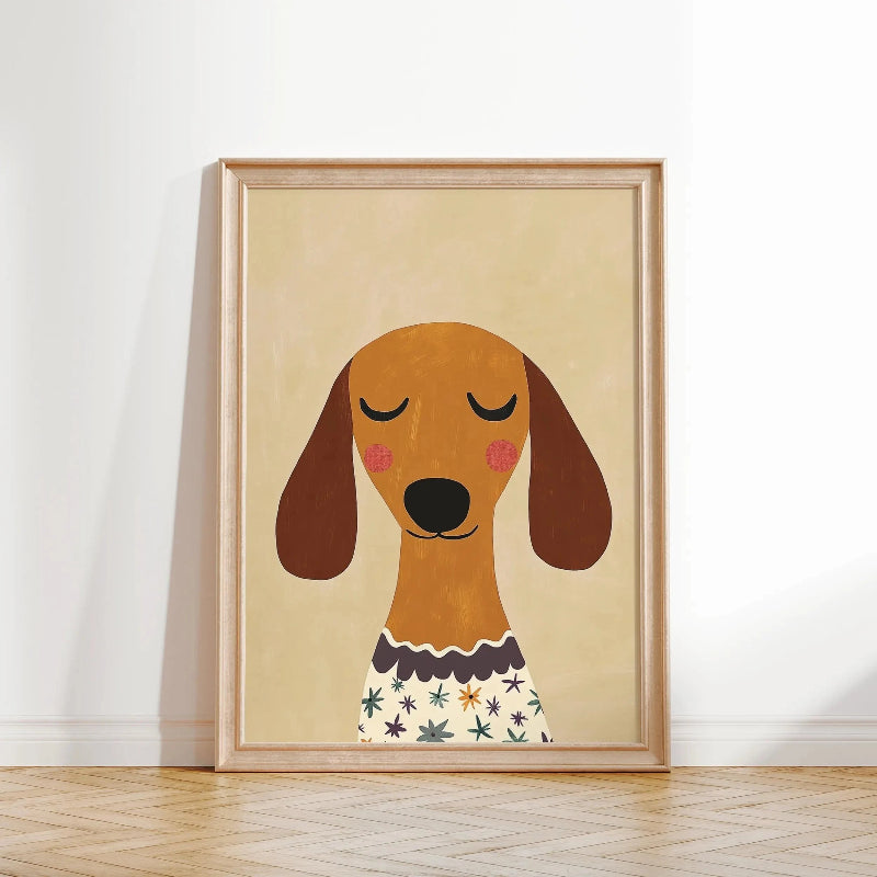 Framed illustration of a dachshund with a floral collar on a beige background