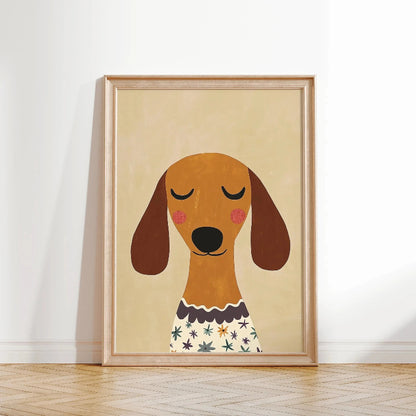 Framed illustration of a dachshund with a floral collar on a beige background