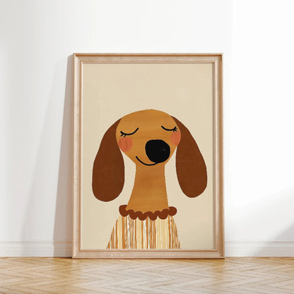 Framed illustration of a dachshund on a beige background
