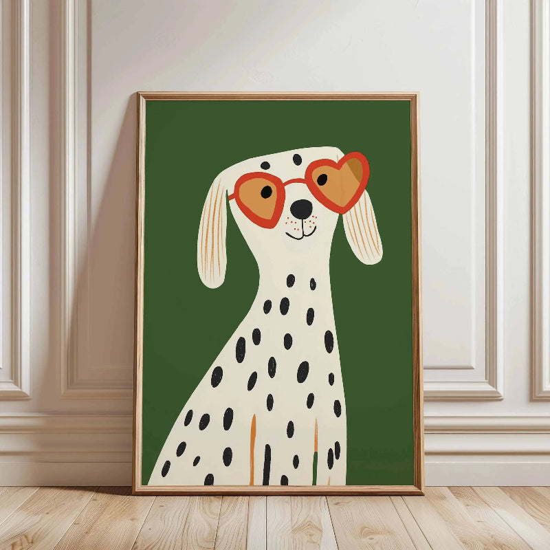 Framed artwork of a dalmatian dog wearing heart-shaped sunglasses on a green background.
