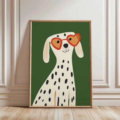 Framed artwork of a dalmatian dog wearing heart-shaped sunglasses on a green background.